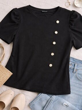 SHEIN Black Puff Sleeve Top with Gold Button Accents